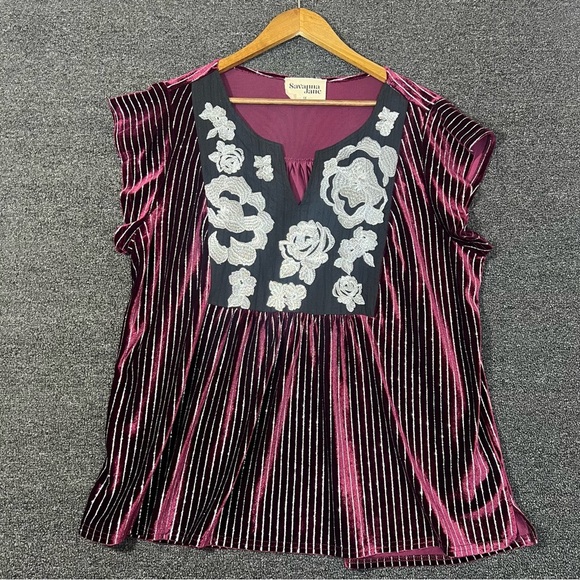 Savanna Jane Women's Plus Size 1X Wine Velvet Embroidered Top Metallic Striped - Picture 1 of 7